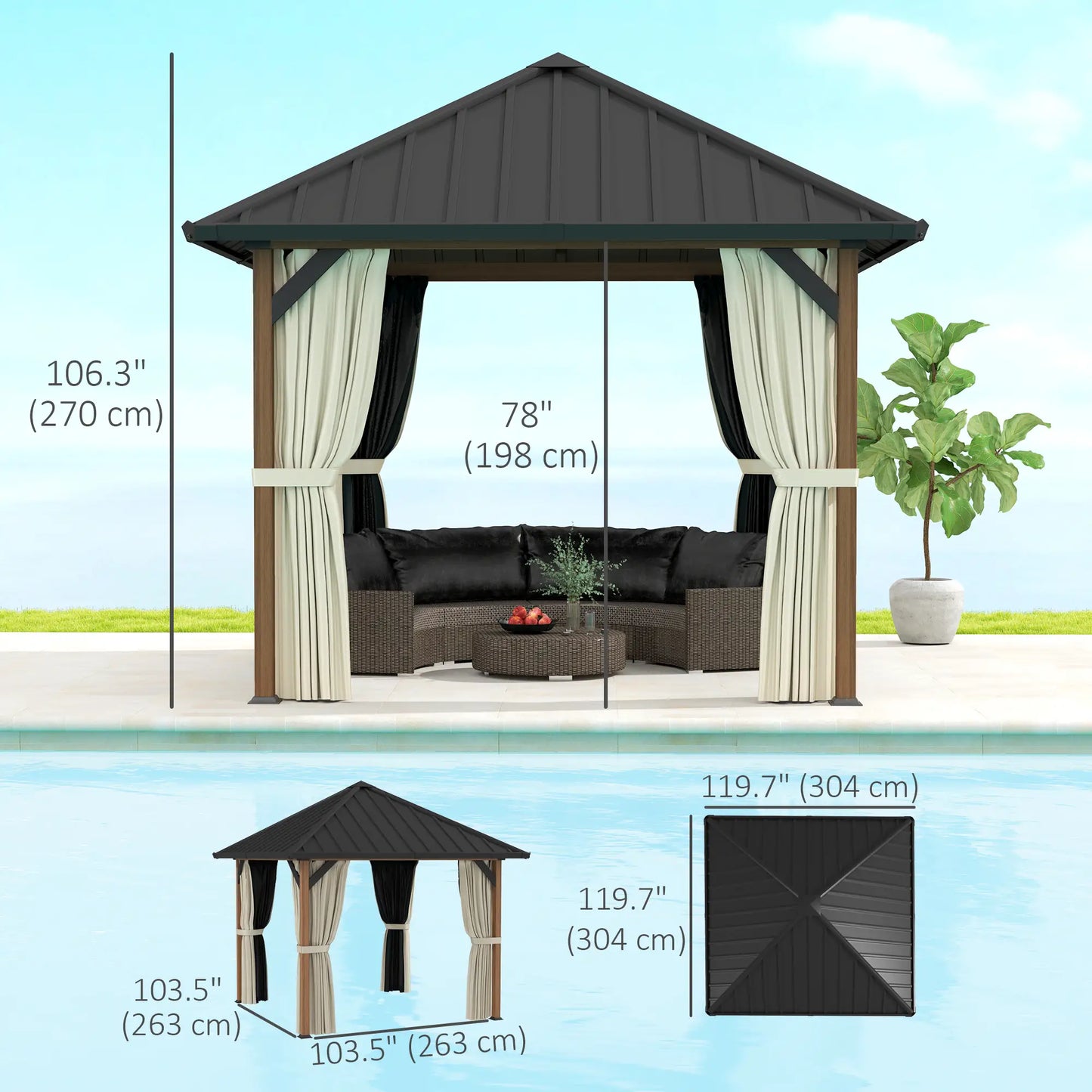 10' x 10' Hardtop Gazebo, Galvanized Steel Roof, Netting, Curtains Gazebos at Gallery Canada