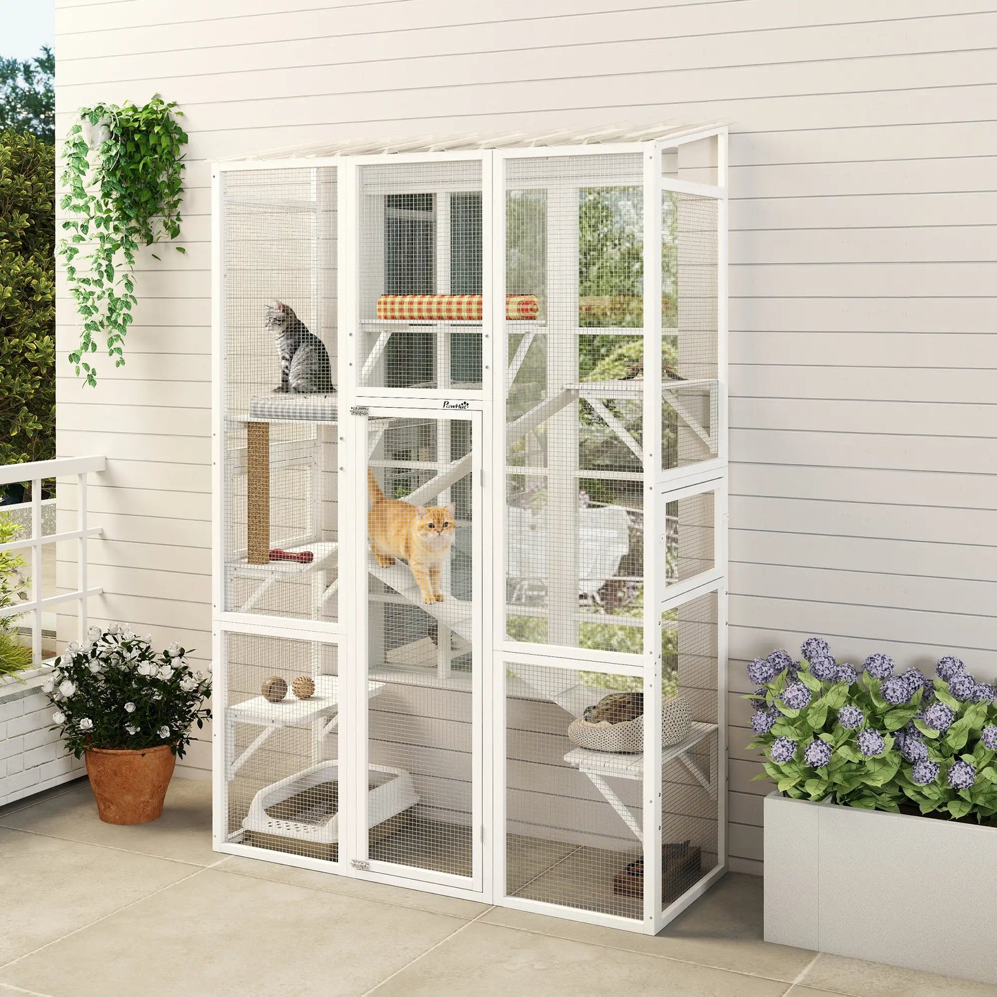 Wooden Catio Outdoor Cat Enclosure, 6 Platforms, Scratching Post, 2 Ramps, Waterproof Roof, White Outdoor Cat Enclosures at Gallery Canada