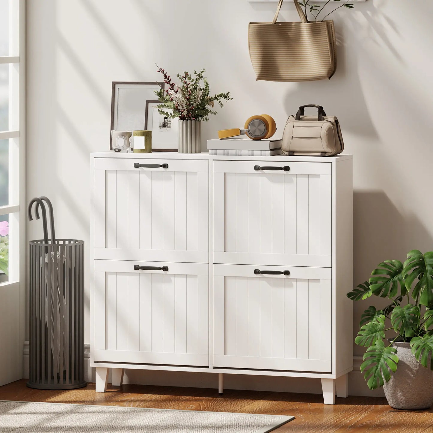 Shoe Cabinet with 4 Flip Drawers, Freestanding Narrow Shoe Storage Cabinet with Adjustable Shelves, Open Back, White