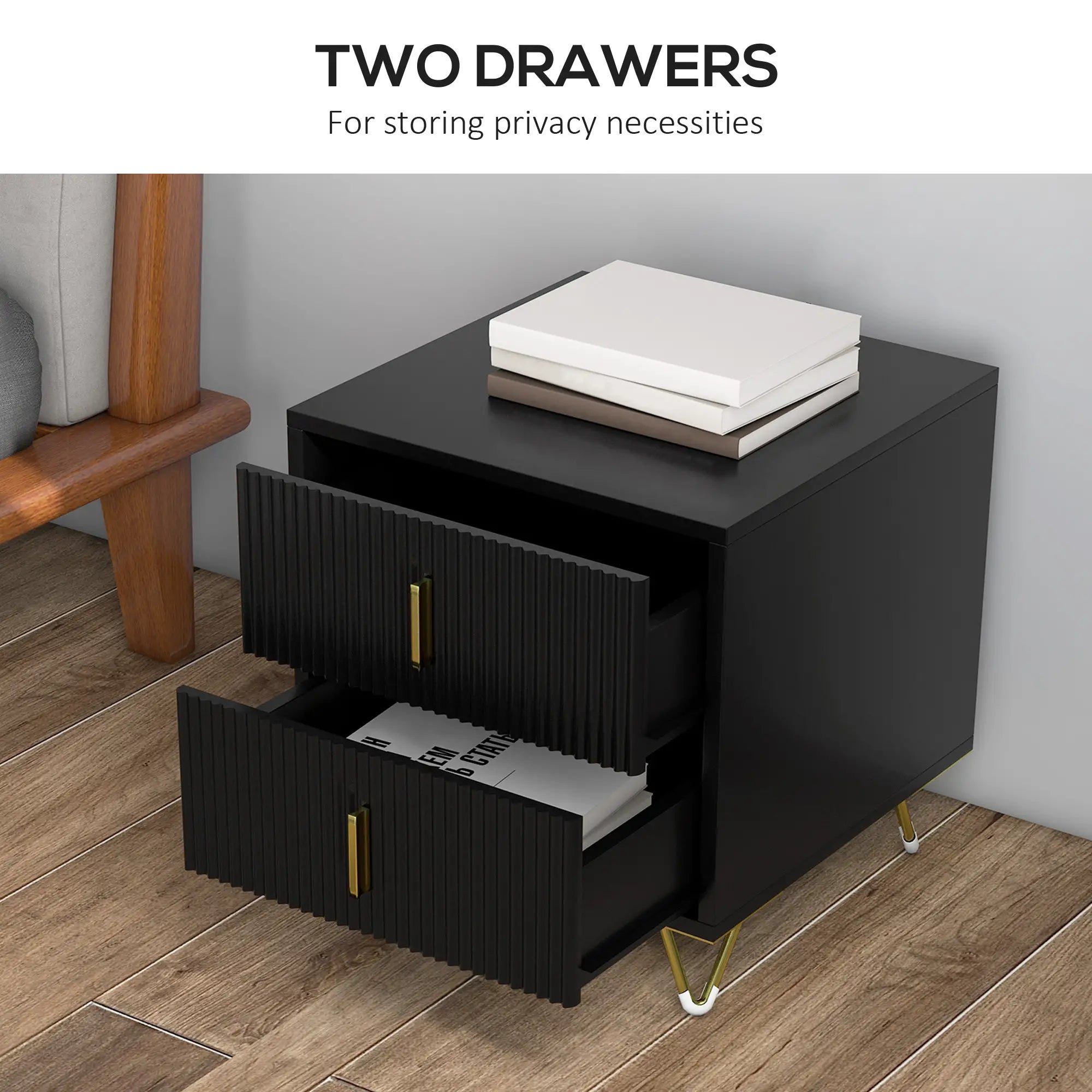 Modern Nightstand, 2 Drawers, Metal Legs, Bedroom Living Room, Black Bedside Tables at Gallery Canada