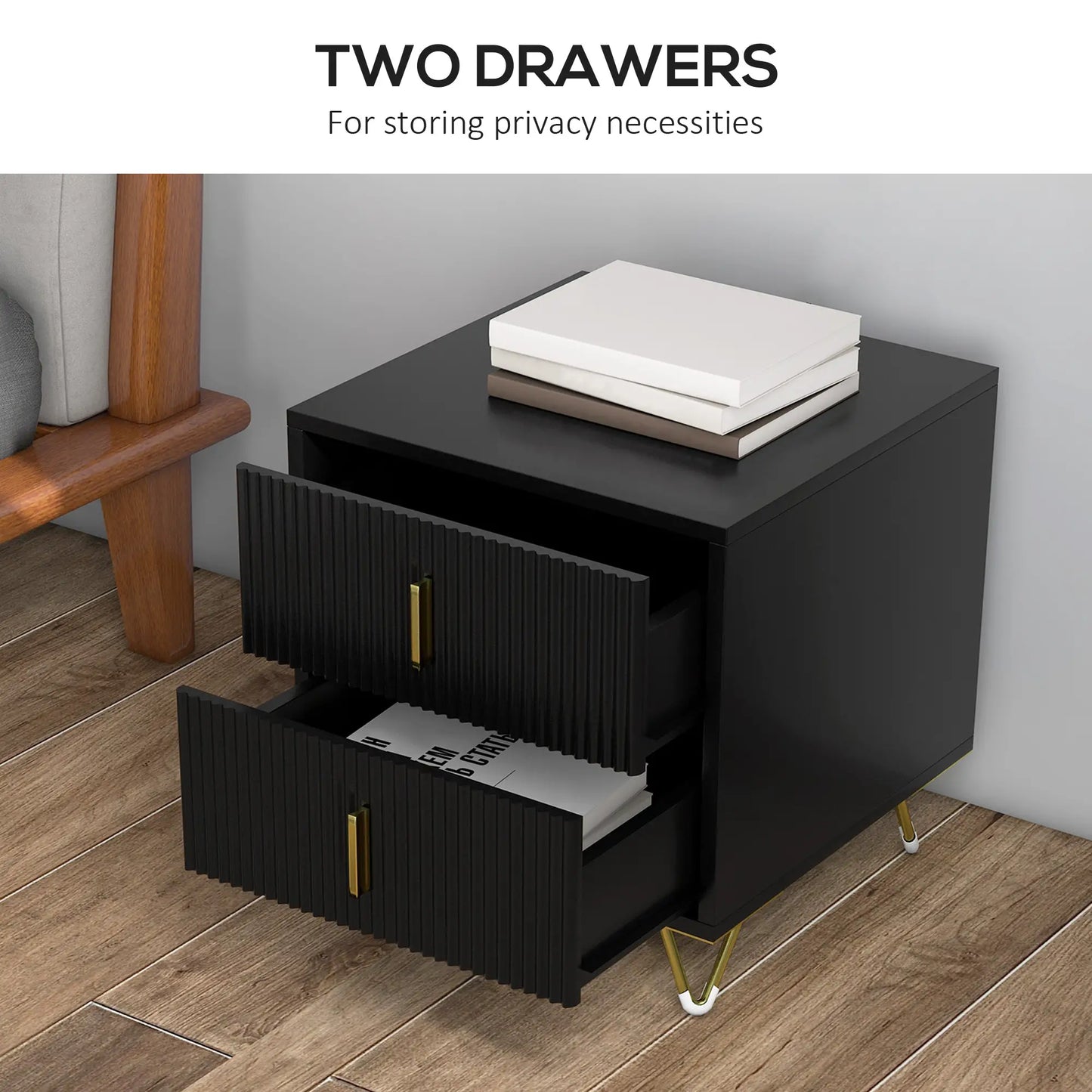 Modern Nightstand, 2 Drawers, Metal Legs, Bedroom Living Room, Black Bedside Tables at Gallery Canada