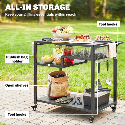 Outdoor Grill Cart, Three-Shelf Pizza Oven Stand With Hooks, Wheels, Black Outdoor Grill Carts at Gallery Canada