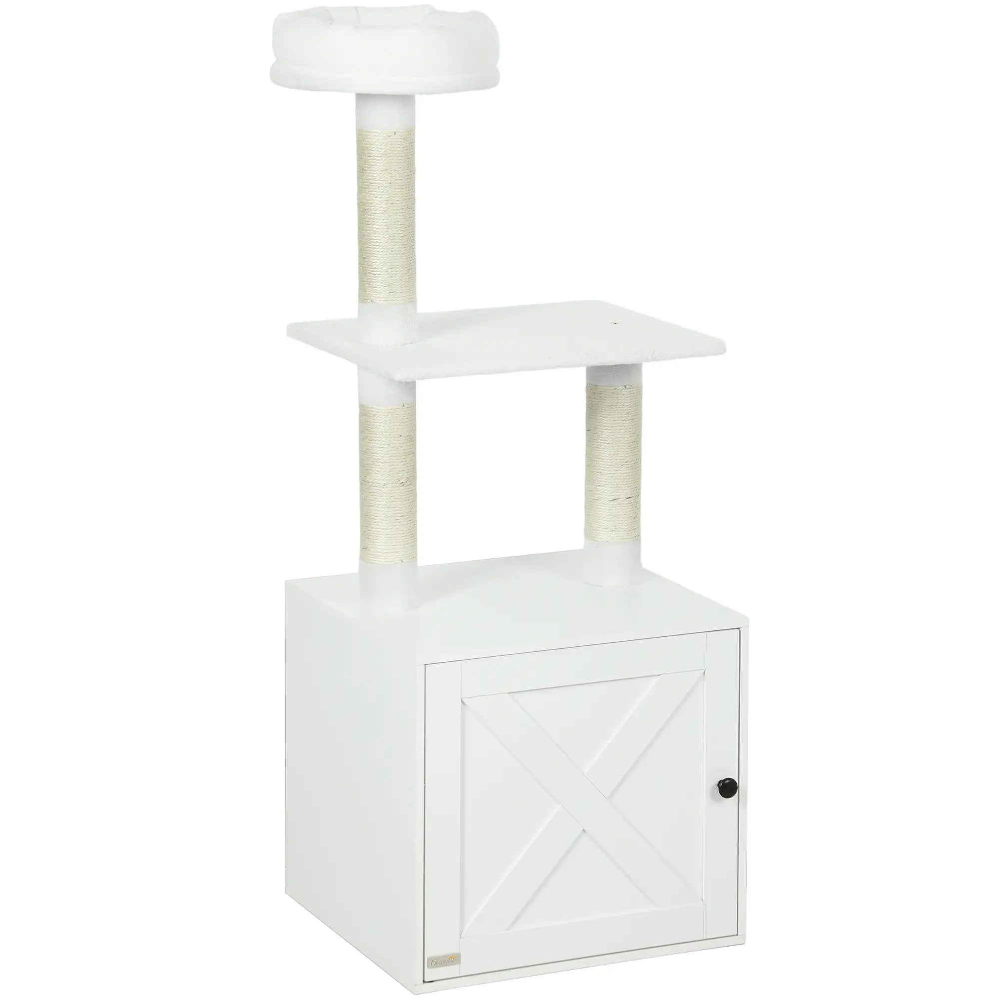 Cat Tree with Litter Box, Scratching Posts, Large Platform, Bed, White Cat Litter Box Enclosures White at Gallery Canada