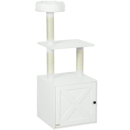 Cat Tree with Litter Box, Scratching Posts, Large Platform, Bed, White Cat Litter Box Enclosures White at Gallery Canada