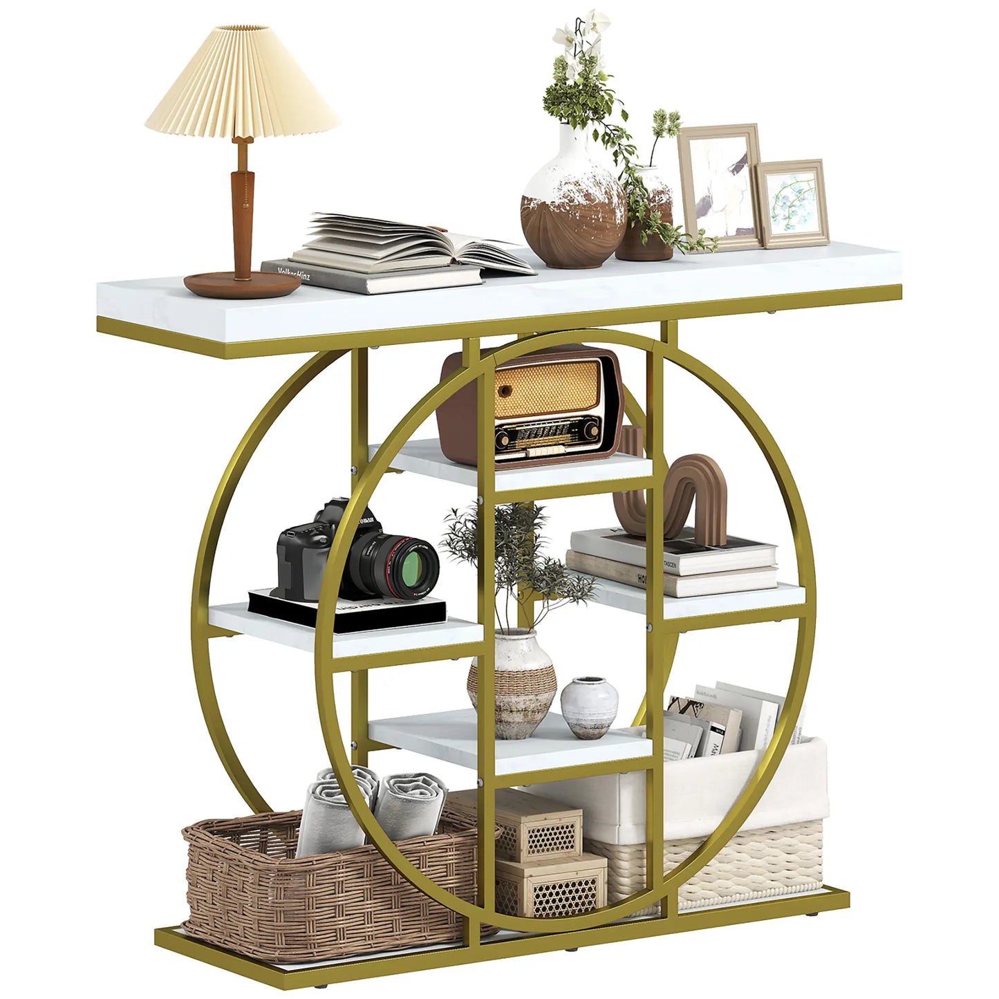 39.4" Console Table With Storage Shelves, White Marble Effect, White