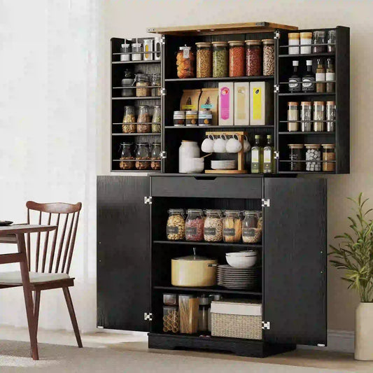 72 Inch Kitchen Pantry Cabinet, 4 Doors, Drawer, Shelves, Black Kitchen Pantry Cabinets Black at Gallery Canada