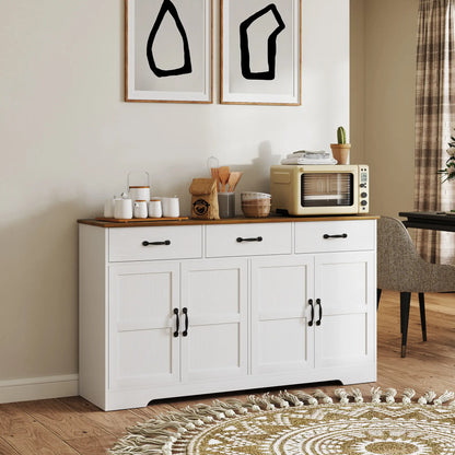 Modern Sideboard Buffet Cabinet, Distressed White, 3 Drawers, Adjustable Shelves, White Bar Cabinets at Gallery Canada