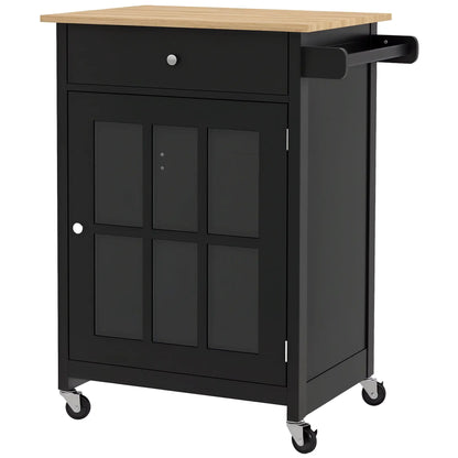 Rolling Kitchen Cart, Drawer and Glass Door Cabinet, Black Kitchen Islands & Kitchen Carts Black, Oak at Gallery Canada