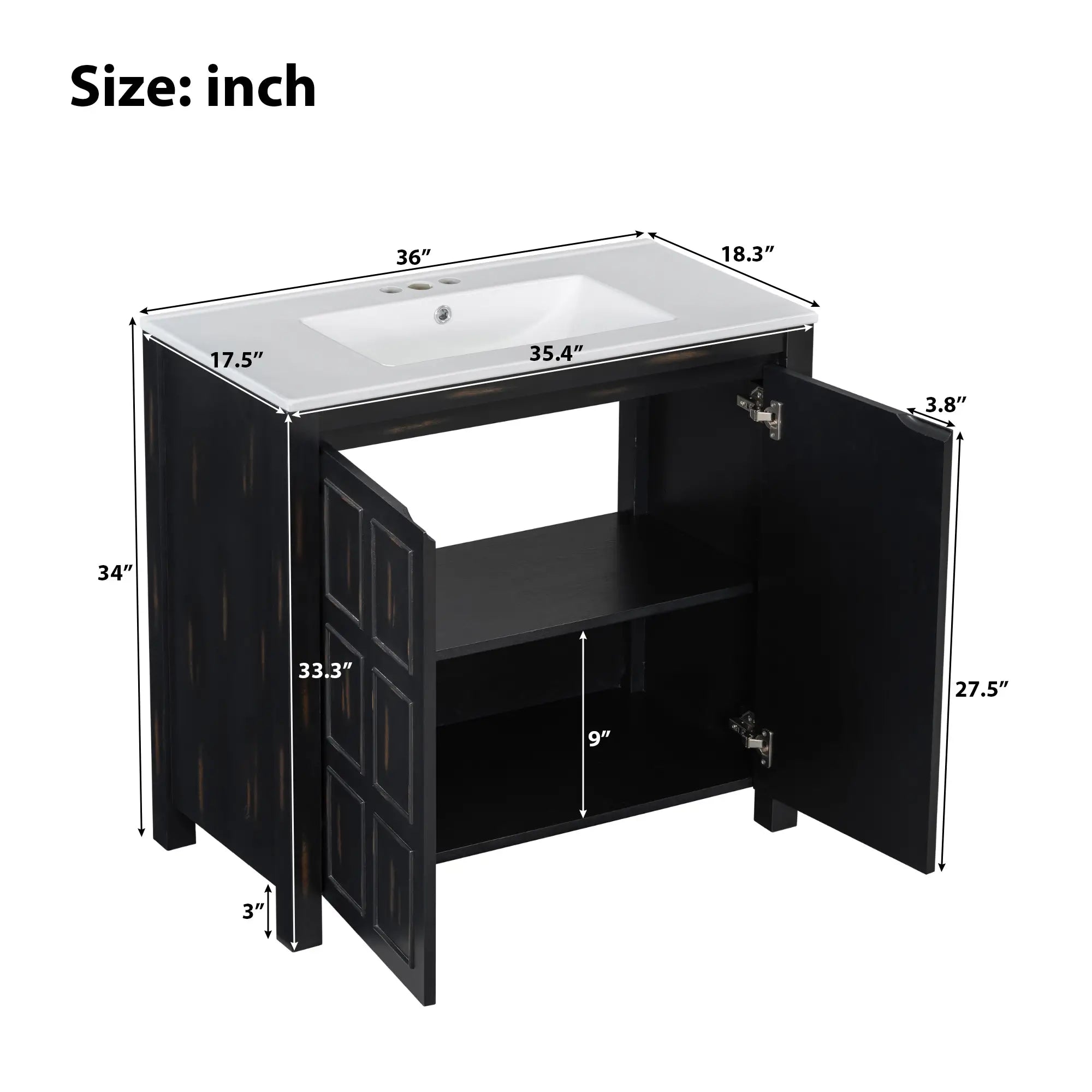 Solid Wood Bathroom Vanity, Ceramic Sink, Storage Cabinet, 36