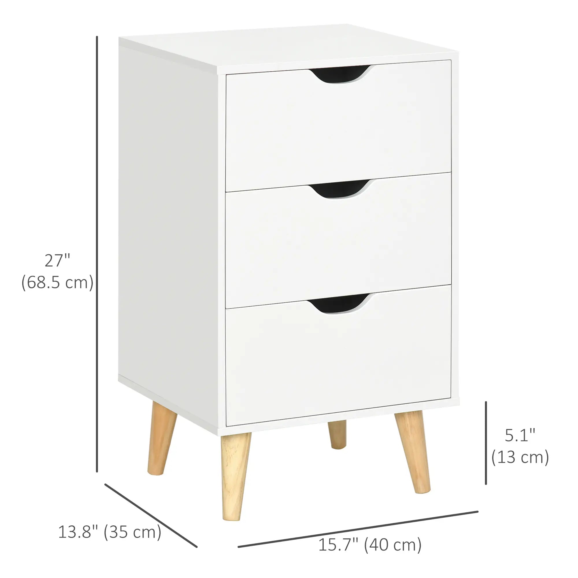 Modern Nightstand, 3 Drawers, Wood Legs, White Bedside Tables at Gallery Canada
