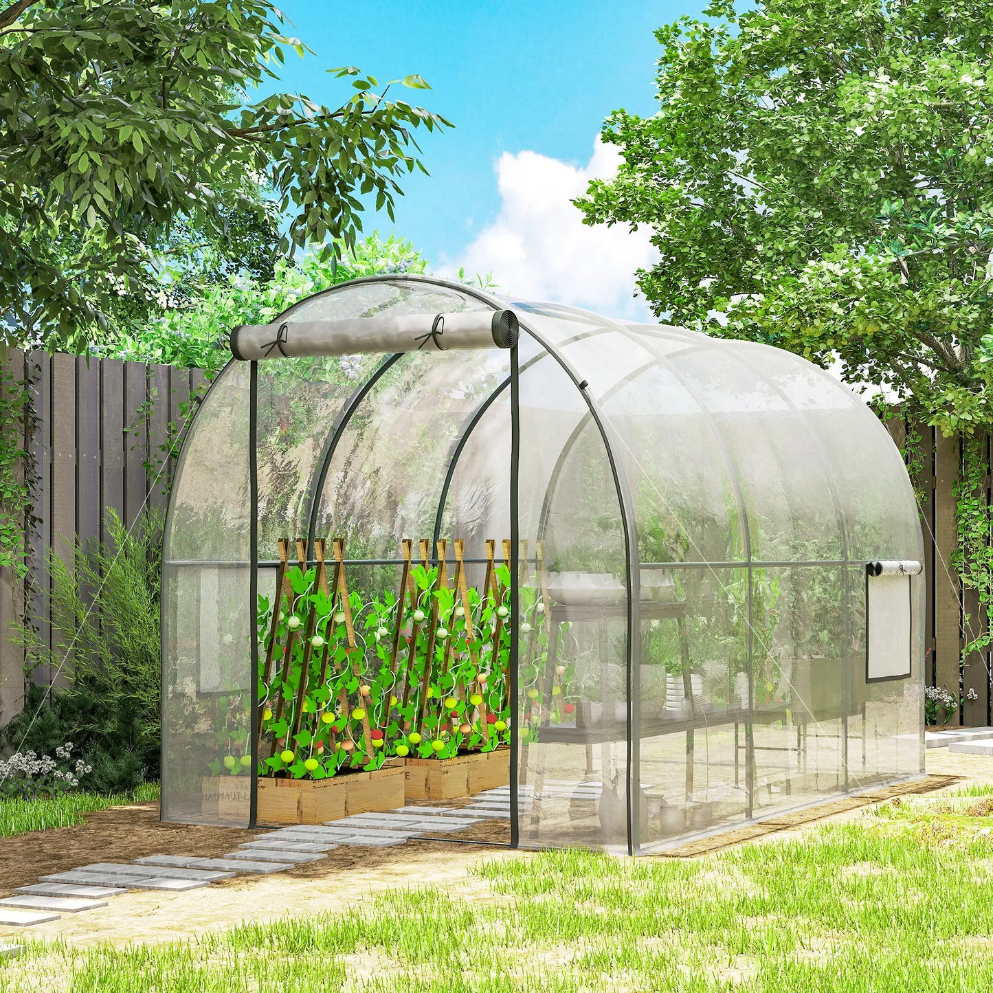 Polytunnel Greenhouse, Roll-Up Door, Mesh Window, 3 x 2 x 2 m, Clear