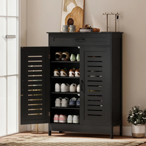 Shoe Cabinet With Louvered Doors, Drawer, Adjustable Shelves, Black