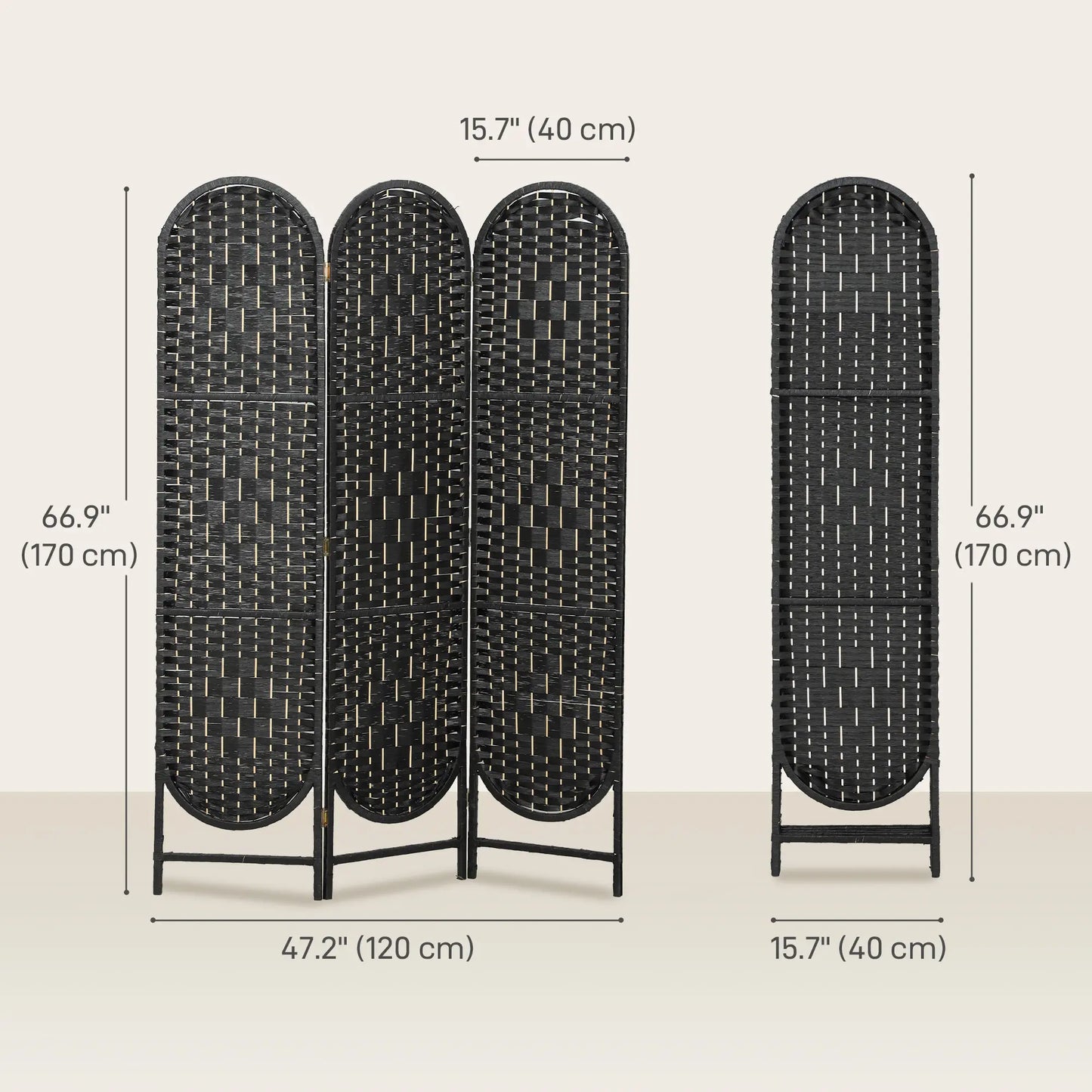 Bohemian Privacy Screen, 3 Panel Folding Room Divider, Arched Top, Black Room Dividers at Gallery Canada