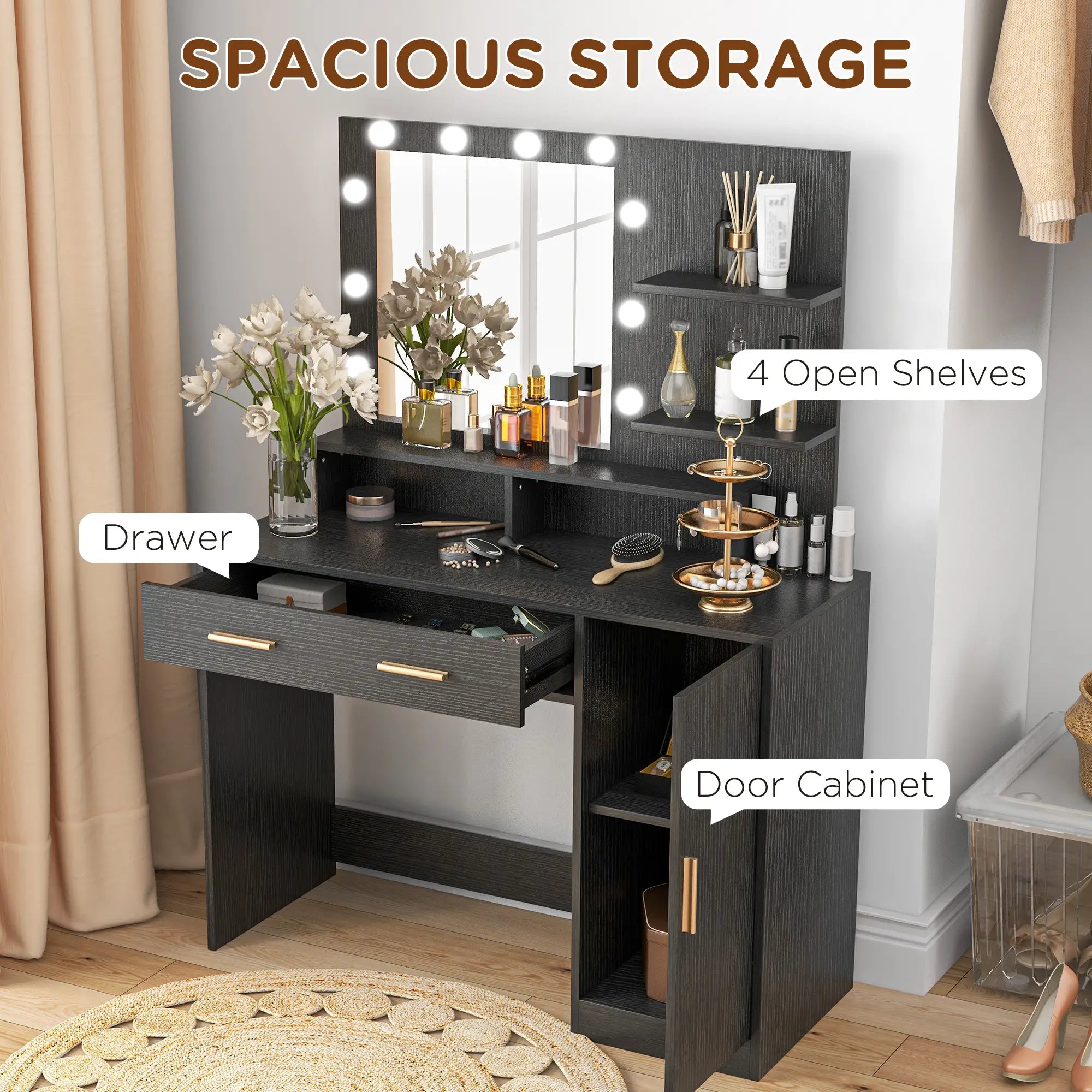 LED Vanity Table Set with Stool, Mirror, Drawer, Cabinet Shelves Dressing & Vanity Tables at Gallery Canada