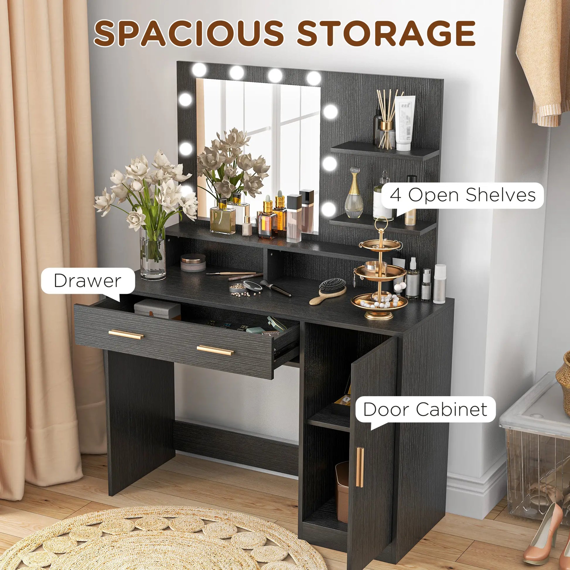 LED Vanity Table Set with Stool, Mirror, Drawer, Cabinet Shelves Dressing & Vanity Tables at Gallery Canada