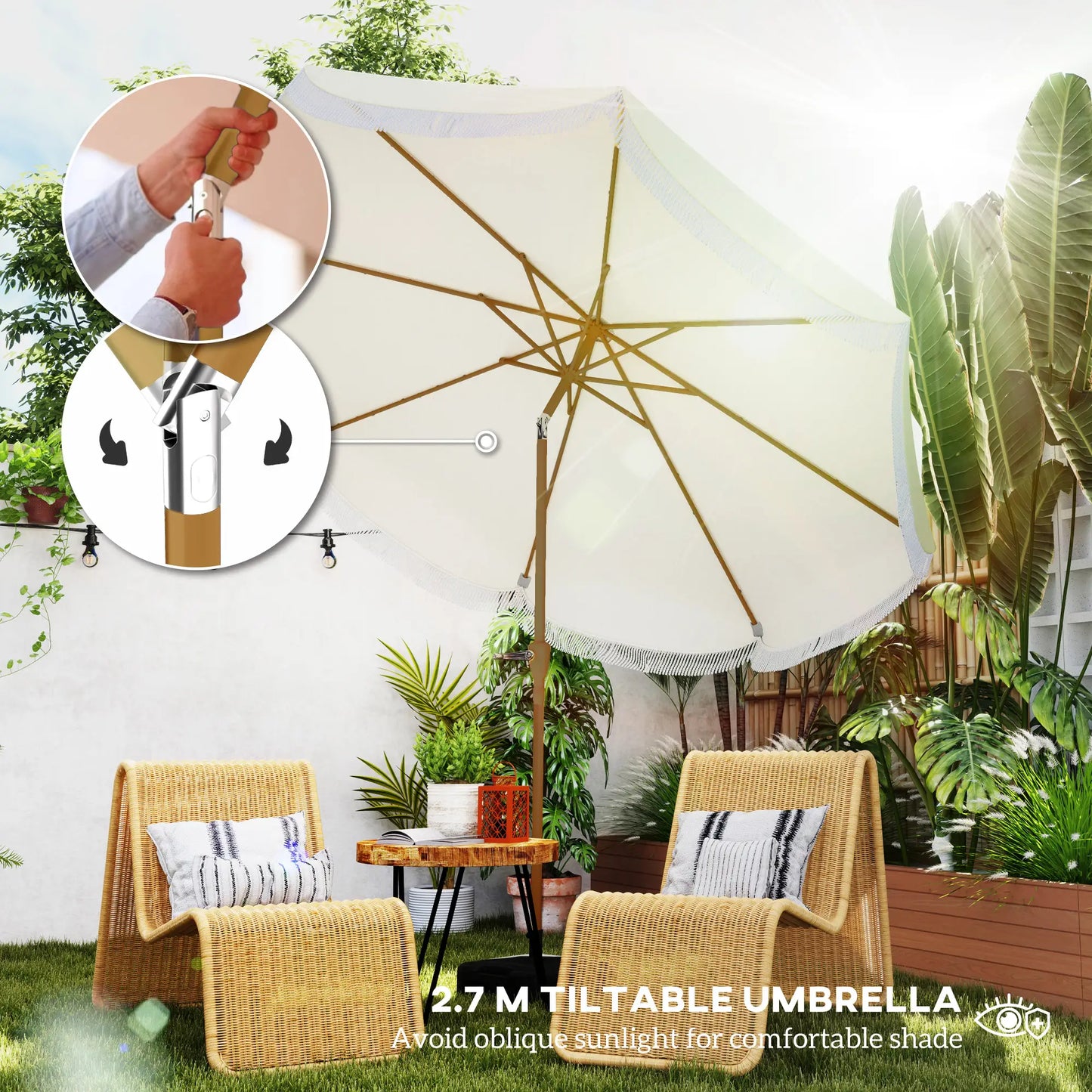 9FT Patio Umbrella, UPF 30+, Crank, 8 Ribs, Push Button Tilt, Cream White Patio Umbrellas at Gallery Canada