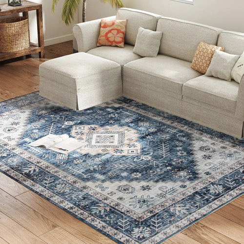 6x9 Vintage Washable Non-Slip Rug, for Living Room, Bedroom, Blue
