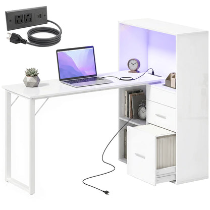 54" Computer Desk With Drawers, Power Outlets, LED Lights, White Computer Desks at Gallery Canada