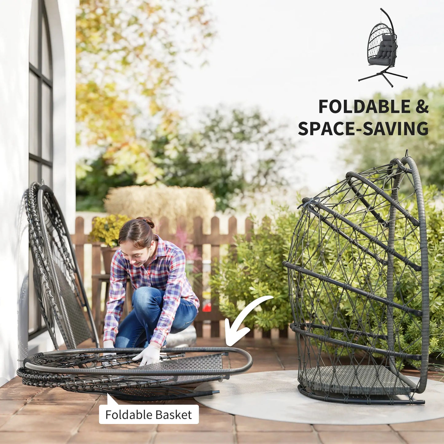 Chaise Œuf Suspendue, Balançoire en Rotin Tressé Pliable, Gris