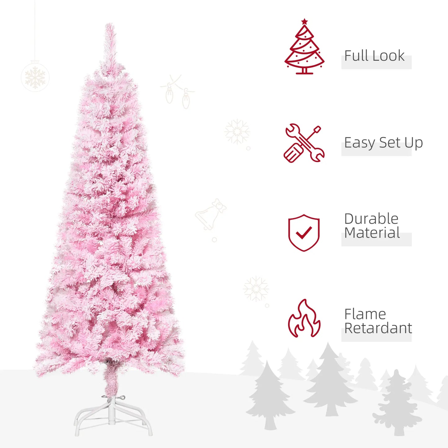 5 FT Snow Flocked Artificial Christmas Tree, Pencil Xmas Tree, Steel Base, Pink Artificial Christmas Trees at Gallery Canada