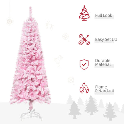 5 FT Snow Flocked Artificial Christmas Tree, Pencil Xmas Tree, Steel Base, Pink Artificial Christmas Trees at Gallery Canada