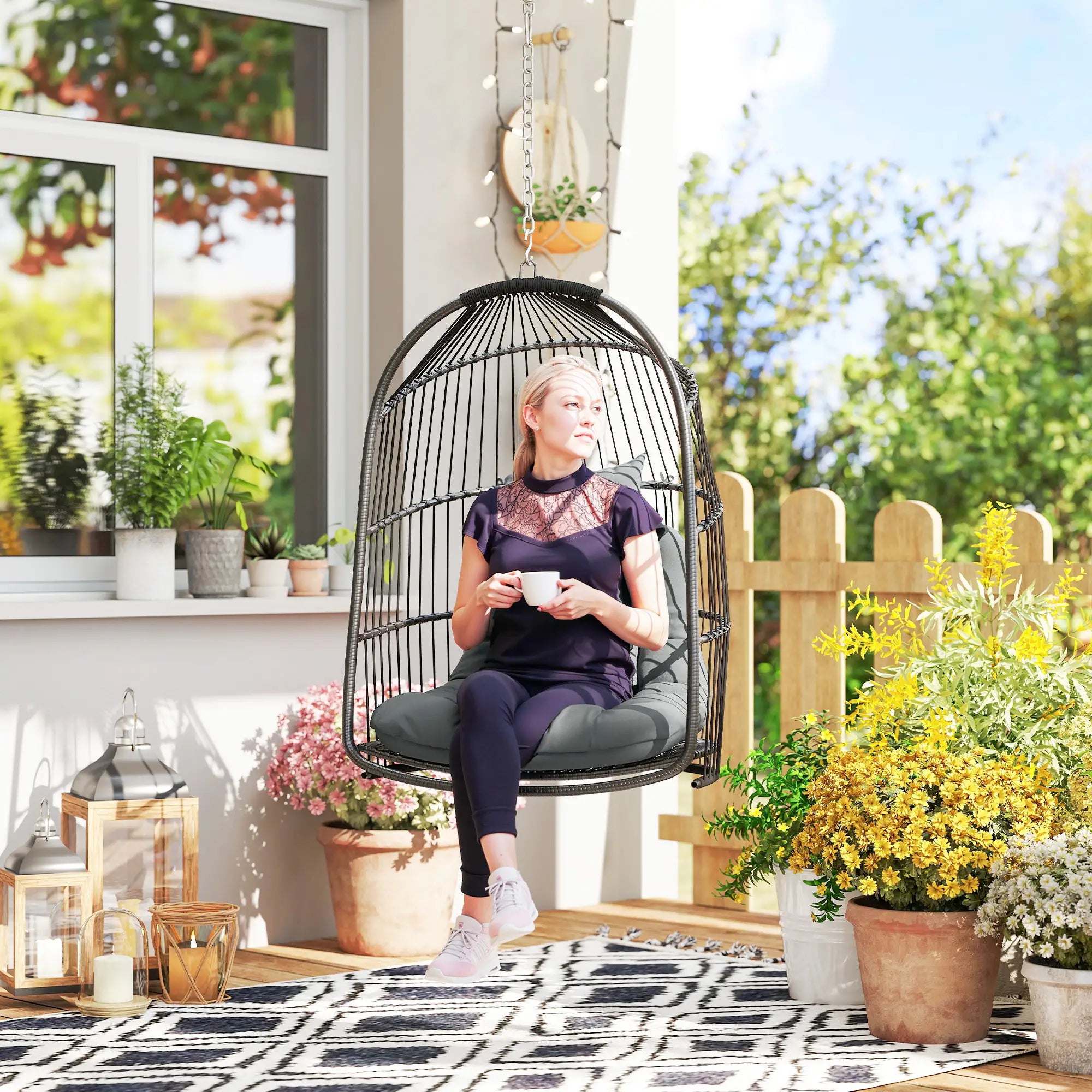 Hanging Egg Chair, Foldable Rattan Garden Swing, Dark Grey Patio Chairs at Gallery Canada