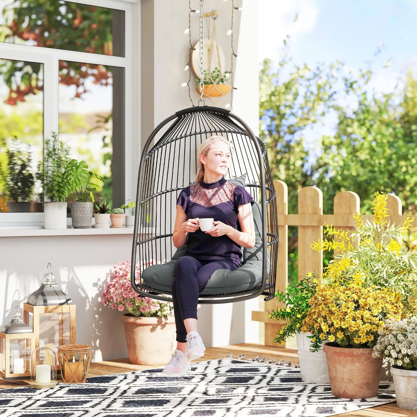 Hanging Egg Chair, Foldable Rattan Garden Swing, Dark Grey Patio Chairs at Gallery Canada