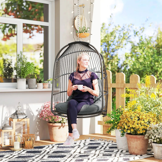 Hanging Egg Chair, Foldable Rattan Garden Swing, Dark Grey Patio Chairs Dark Grey, Black at Gallery Canada