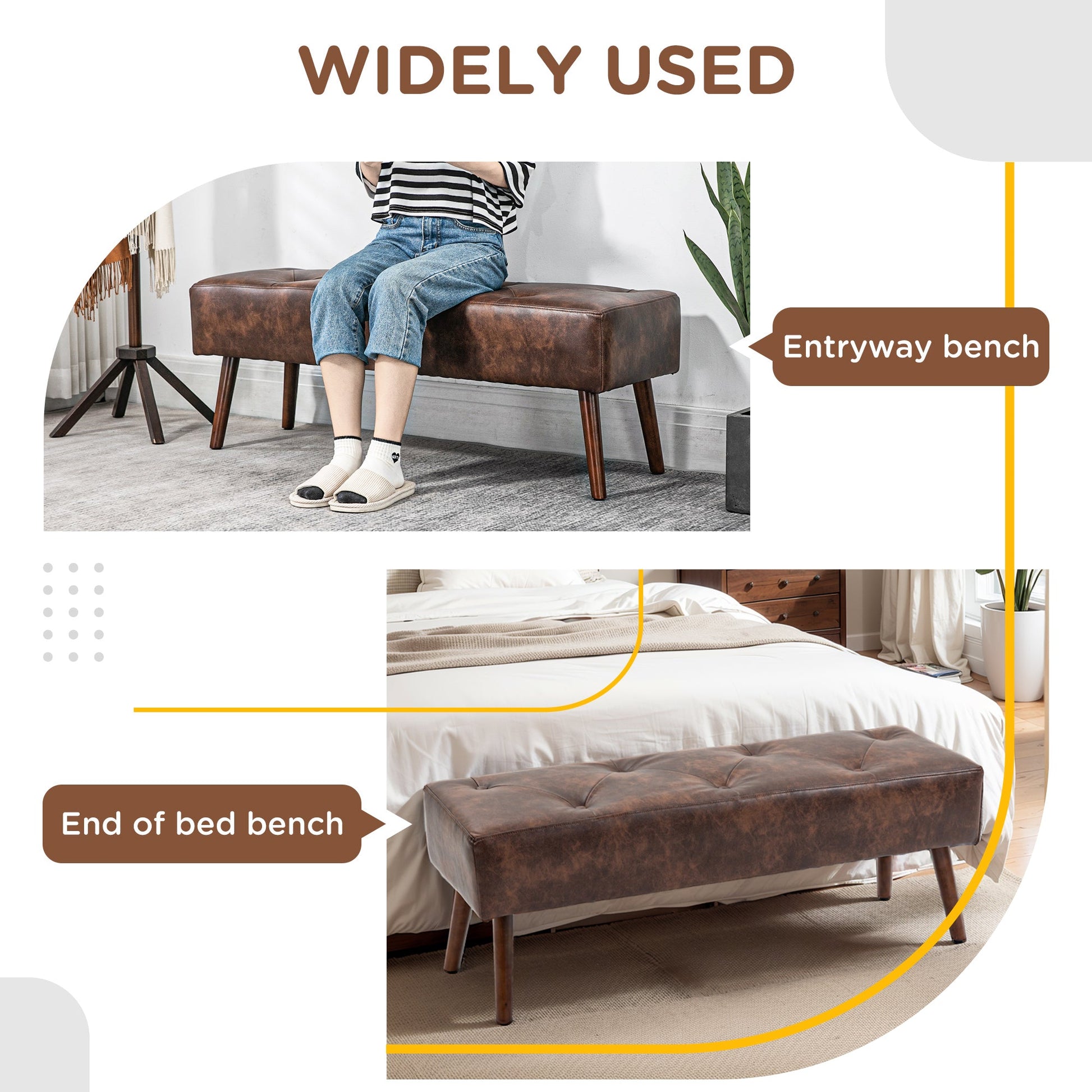 Bedroom Bench, End of Bed Bench with Button Tufted Design, PU Leather Upholstered Entryway Bench with Wood Legs, Brown - Gallery Canada