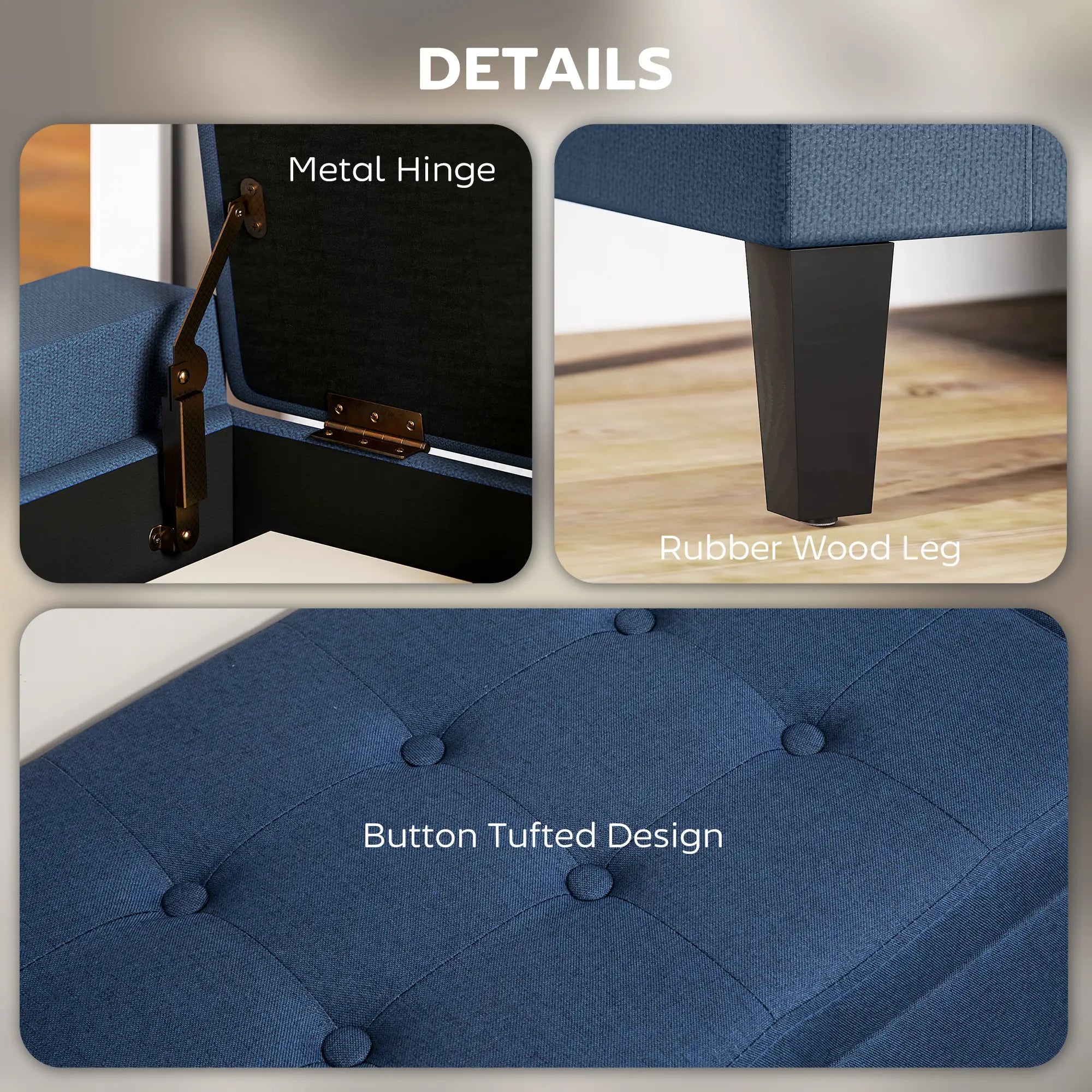 Storage Ottoman Bench, Linen Upholstered, Tufted, Dark Blue Storage Ottomans & Benches at Gallery Canada