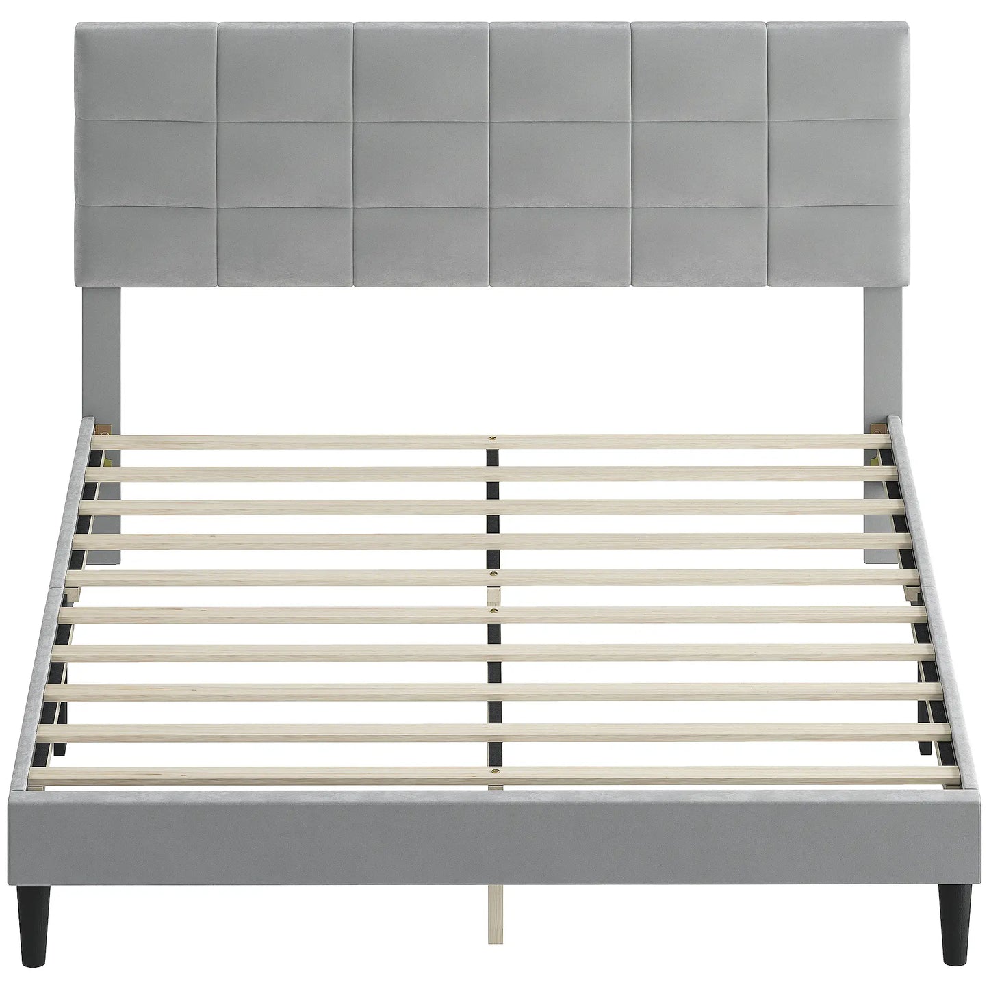 Queen Size Bed Frame, Upholstered Headboard, Wood Slats, 1100 lbs, Grey Bed Frames Grey at Gallery Canada