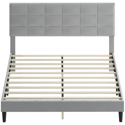 Queen Size Bed Frame, Upholstered Headboard, Wood Slats, 1100 lbs, Grey Bed Frames Grey at Gallery Canada