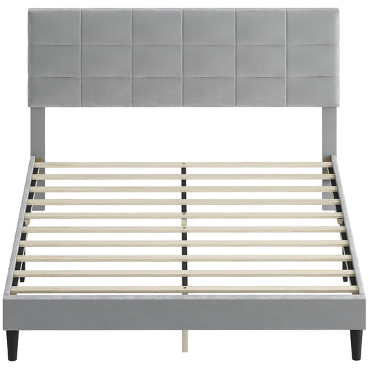 Queen Size Bed Frame, Upholstered Headboard, Wood Slats, 1100 lbs, Grey Bed Frames Grey at Gallery Canada