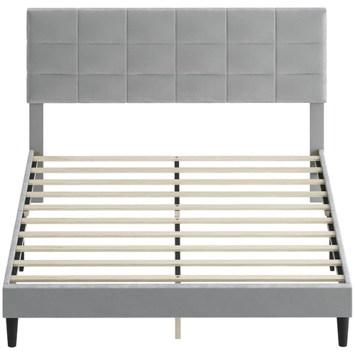 Queen Size Bed Frame, Upholstered Headboard, Wood Slats, 1100 lbs, Grey