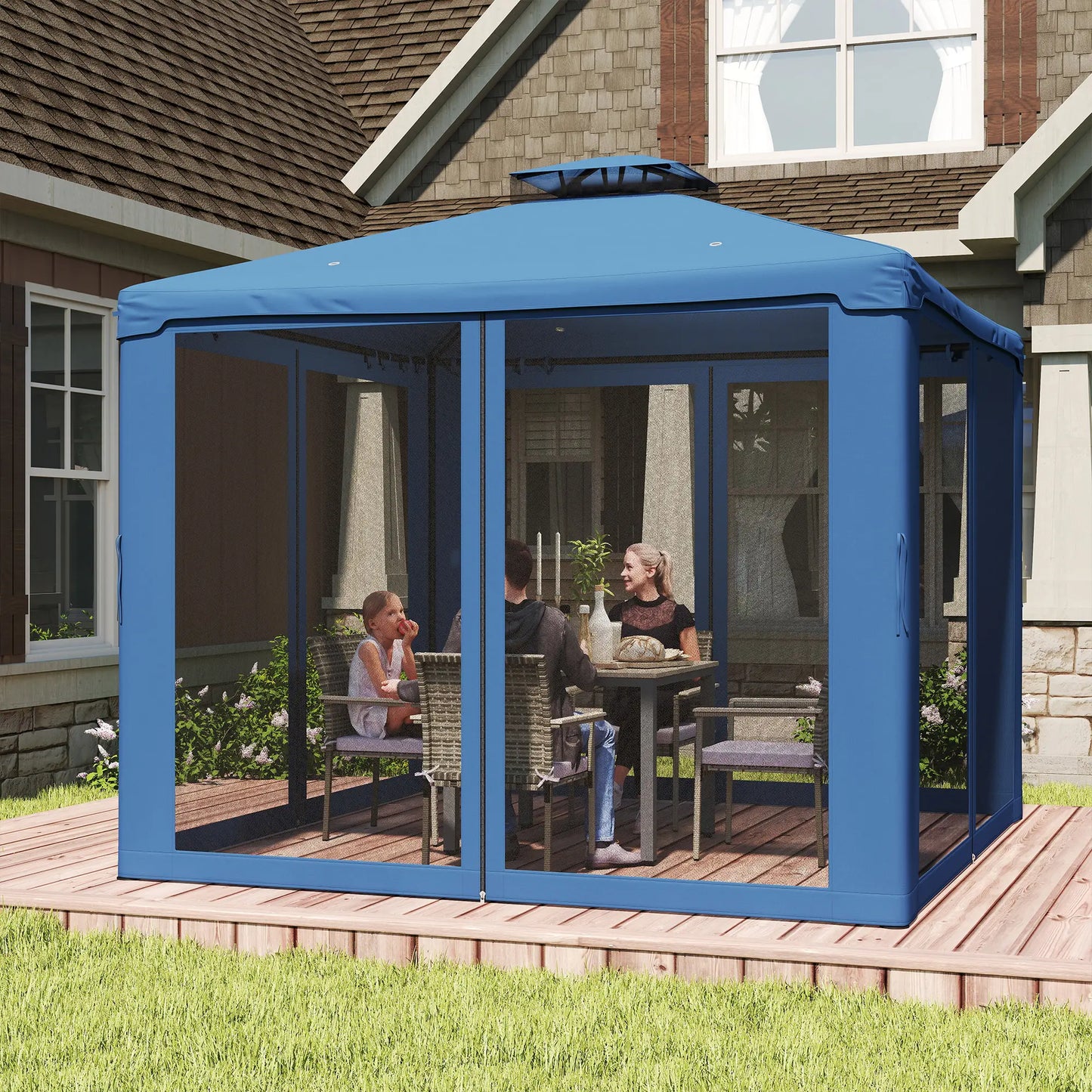 9.6' x 9.6' Patio Gazebo, Steel Frame, Mosquito Netting, Dark Blue Gazebos at Gallery Canada
