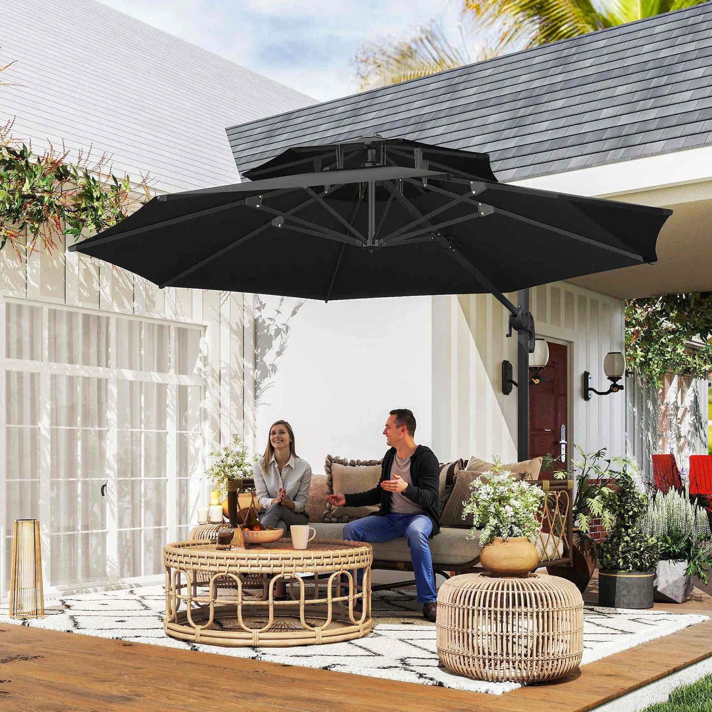 11ft Outdoor Cantilever Umbrella, Adjustable Angle, Double-Top Canopy, Dark Grey Cantilever Umbrellas at Gallery Canada