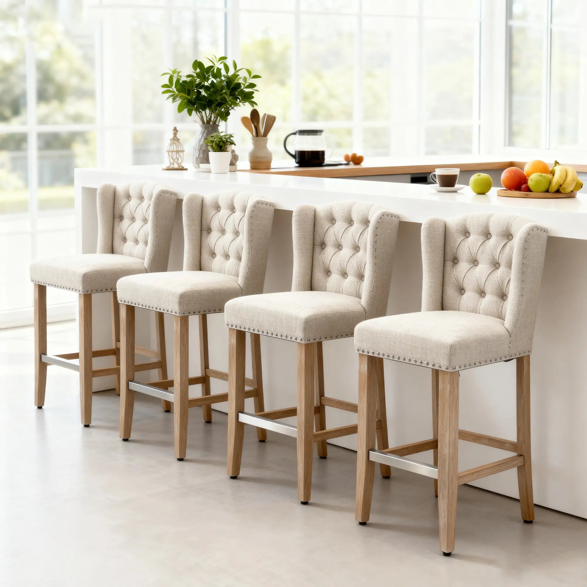 Counter Height Bar Stools Set of 2, Upholstered, Beige Bar Stools at Gallery Canada