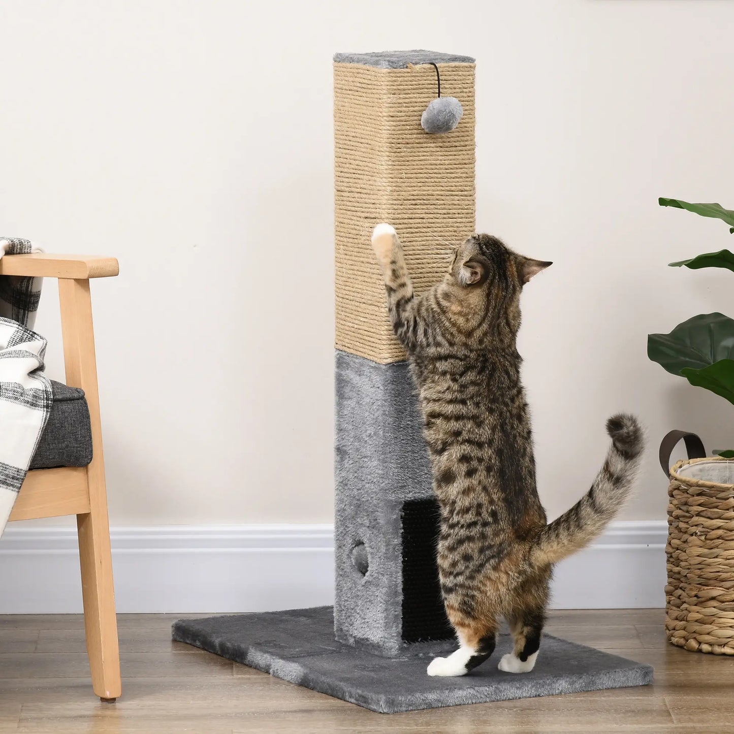31" Tall Cat Scratching Post, Hanging Balls, Grooming Brushes, Grey Cat Posts at Gallery Canada