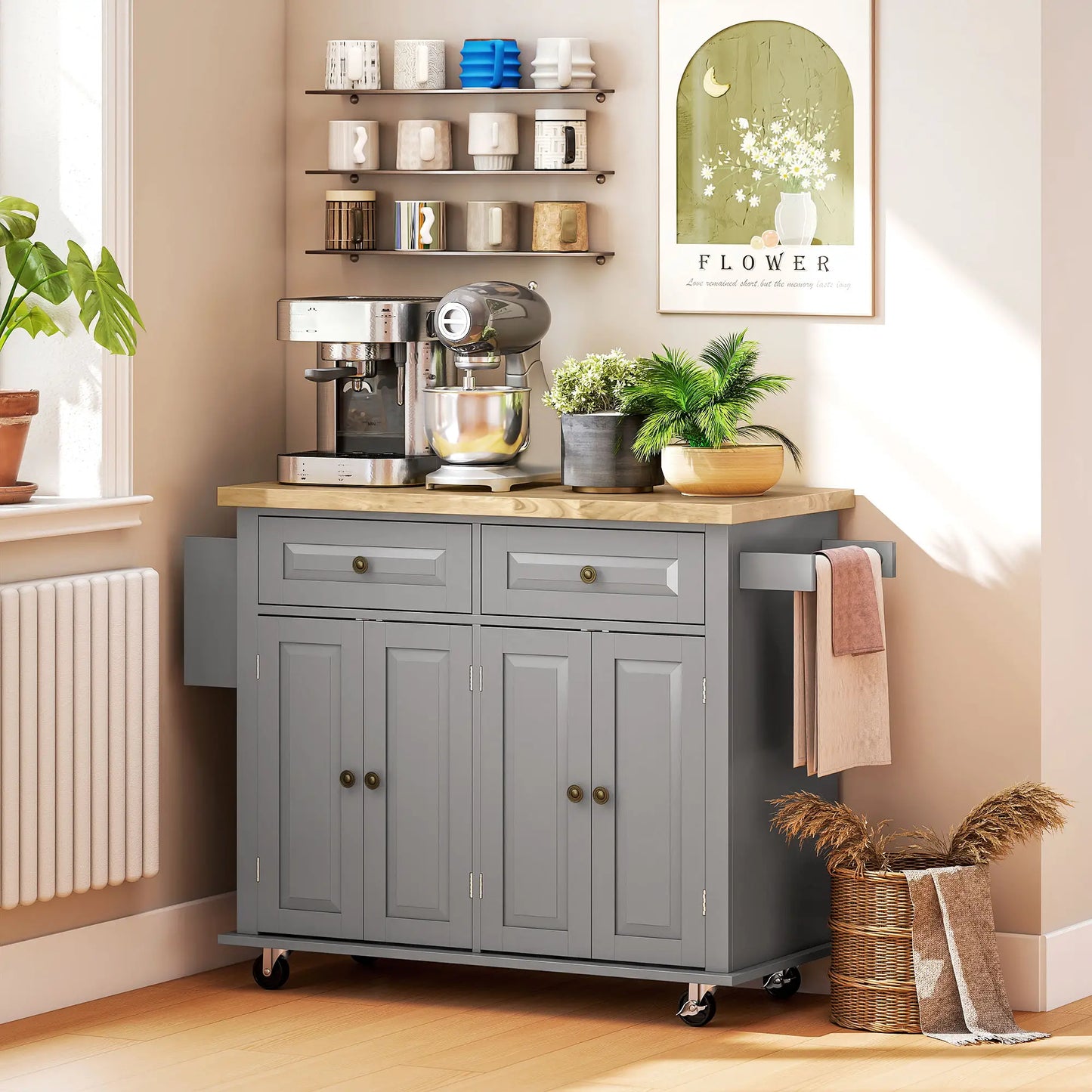 Kitchen Island with Storage, Rolling Cart, Rubber Wood Top, Grey Kitchen Islands & Kitchen Carts at Gallery Canada