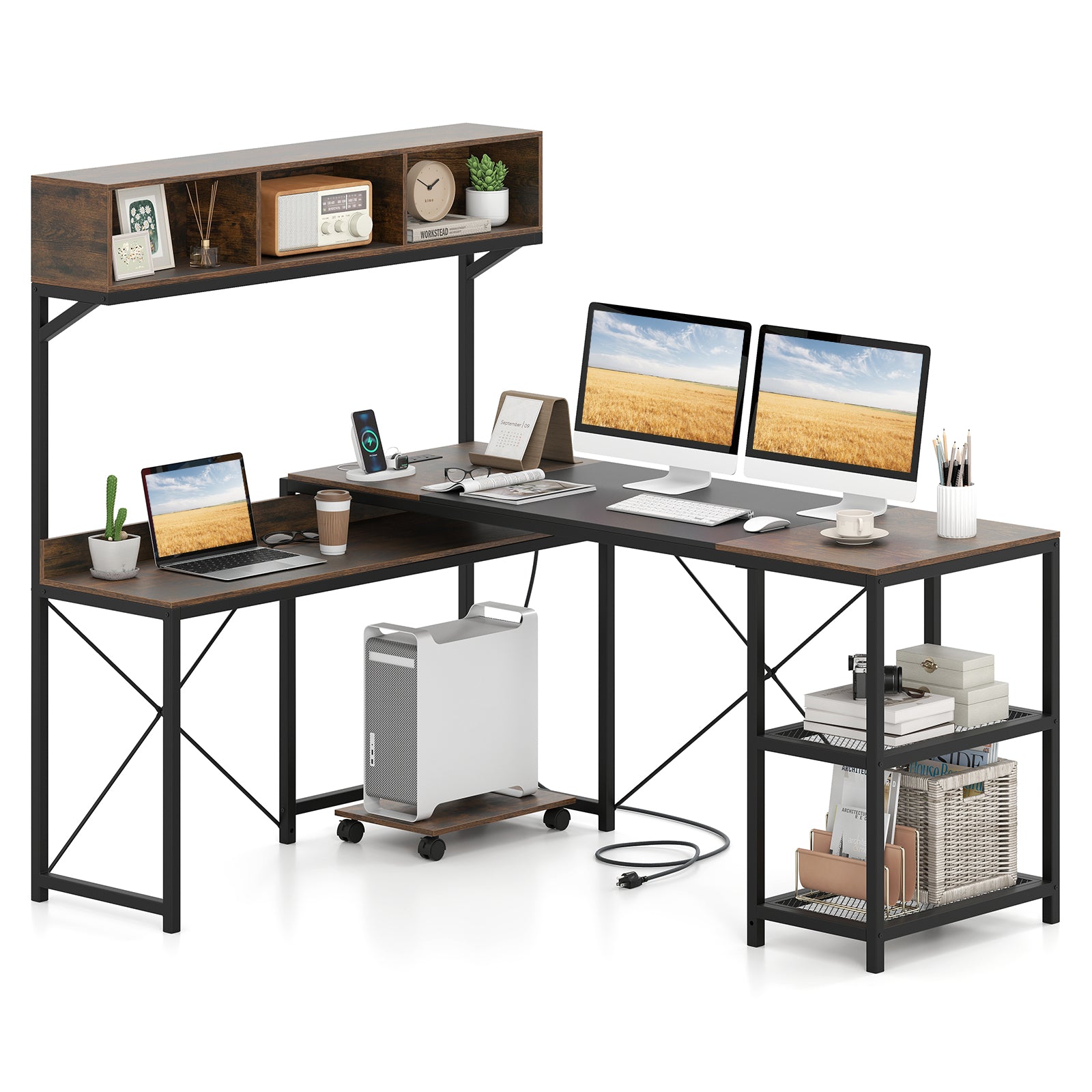 L-Shaped Computer Desk with Power Outlets 62 Inches Corner Desk with Storage Hutch, Brown L-Shaped Desks at Gallery Canada