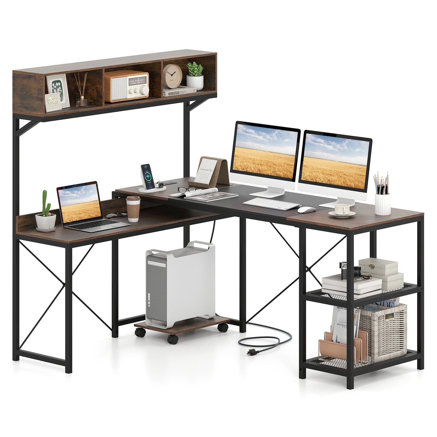 L-Shaped Computer Desk with Power Outlets 62 Inches Corner Desk with Storage Hutch, Brown L-Shaped Desks at Gallery Canada