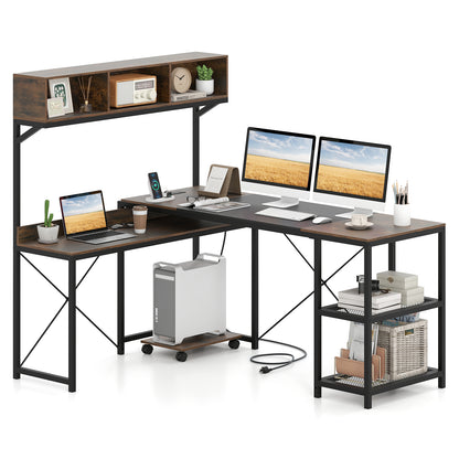 L-Shaped Computer Desk with Power Outlets 62 Inches Corner Desk with Storage Hutch, Brown L-Shaped Desks at Gallery Canada