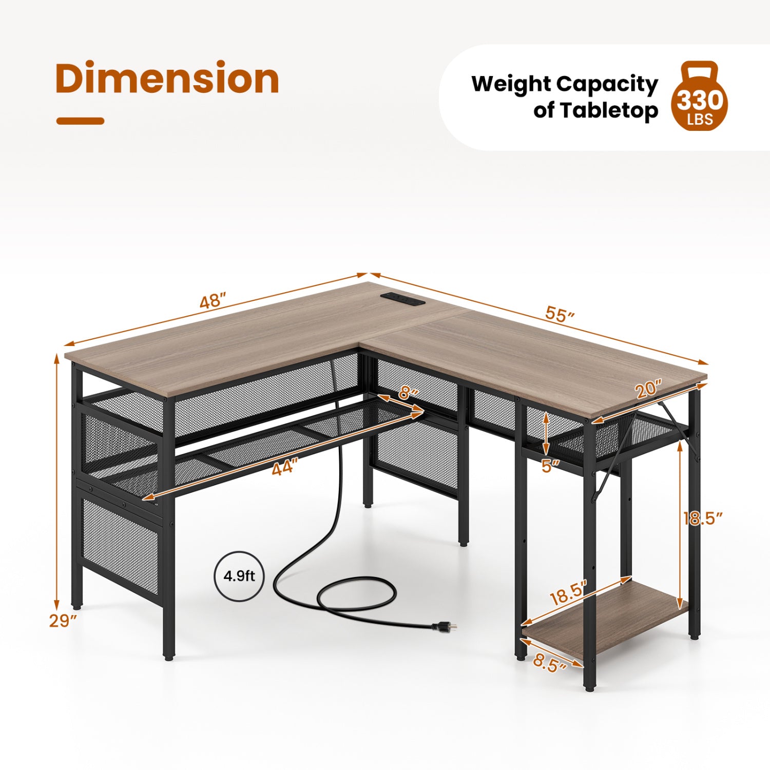 L-Shaped Computer Desk With Charging Station, Adjustable Shelf, Gray L-Shaped Desks at Gallery Canada