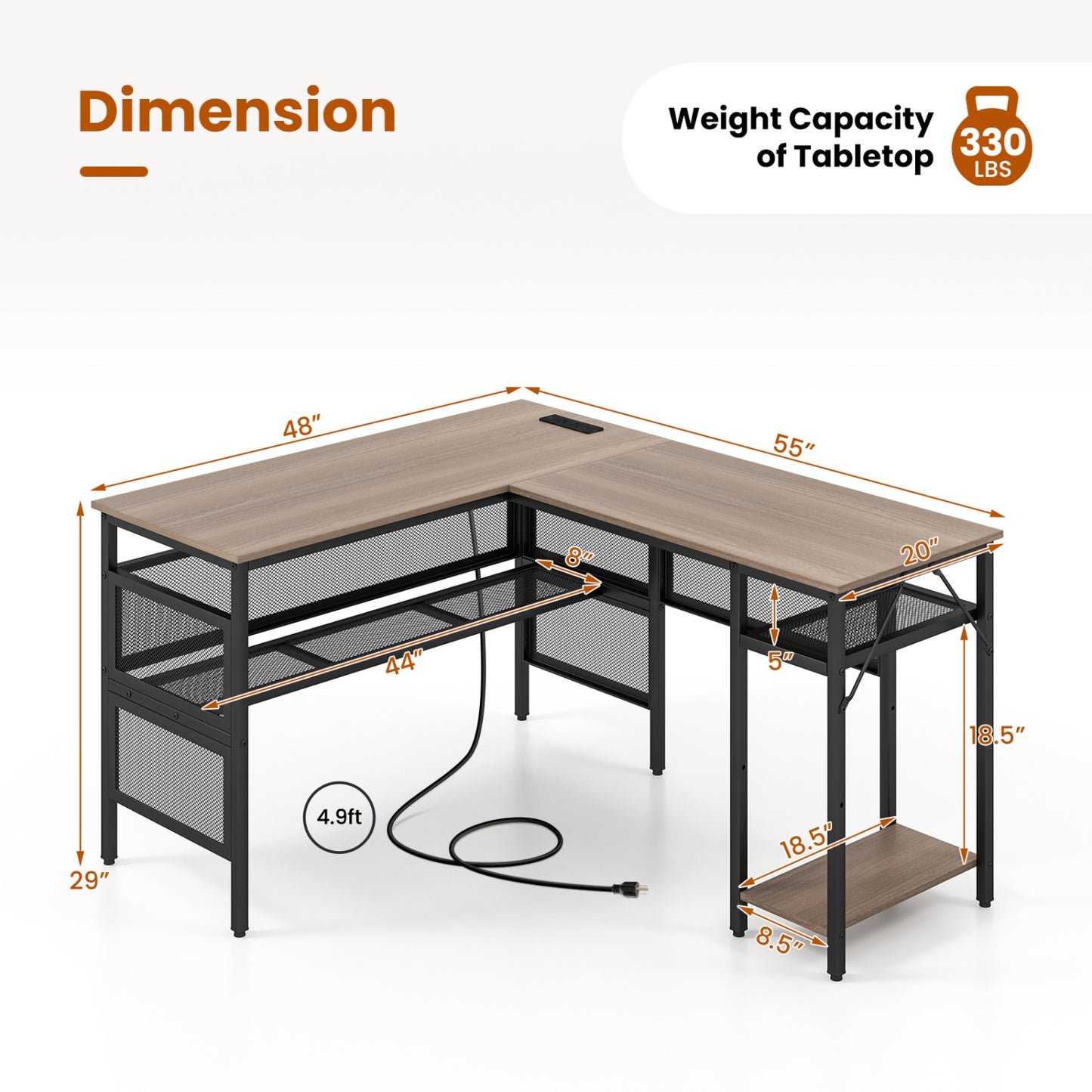 L-Shaped Computer Desk With Charging Station, Adjustable Shelf, Gray L-Shaped Desks at Gallery Canada