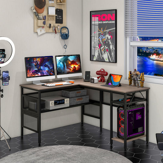 L-Shaped Computer Desk With Charging Station, Adjustable Shelf, Gray L-Shaped Desks Gray at Gallery Canada