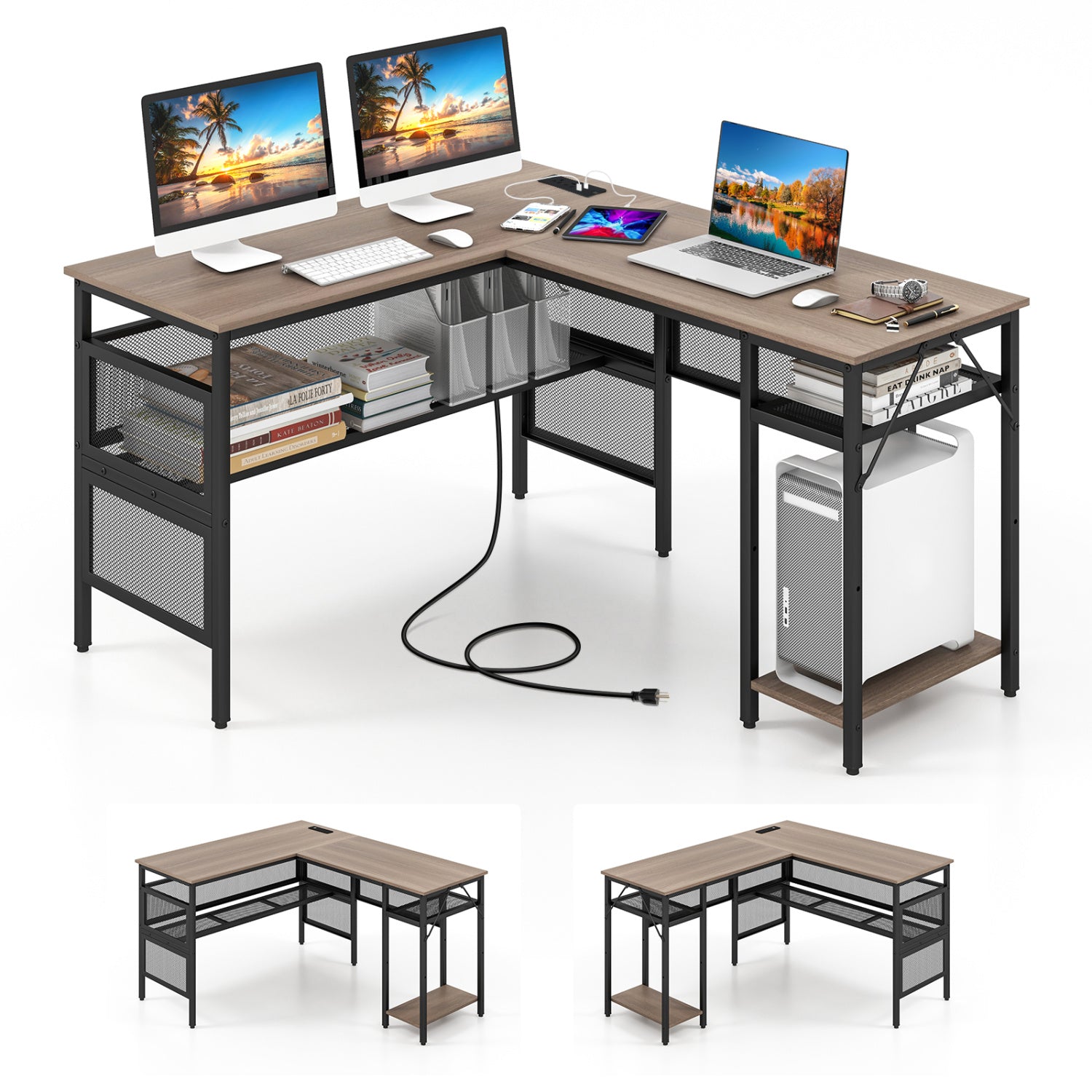 L-Shaped Computer Desk With Charging Station, Adjustable Shelf, Gray L-Shaped Desks at Gallery Canada