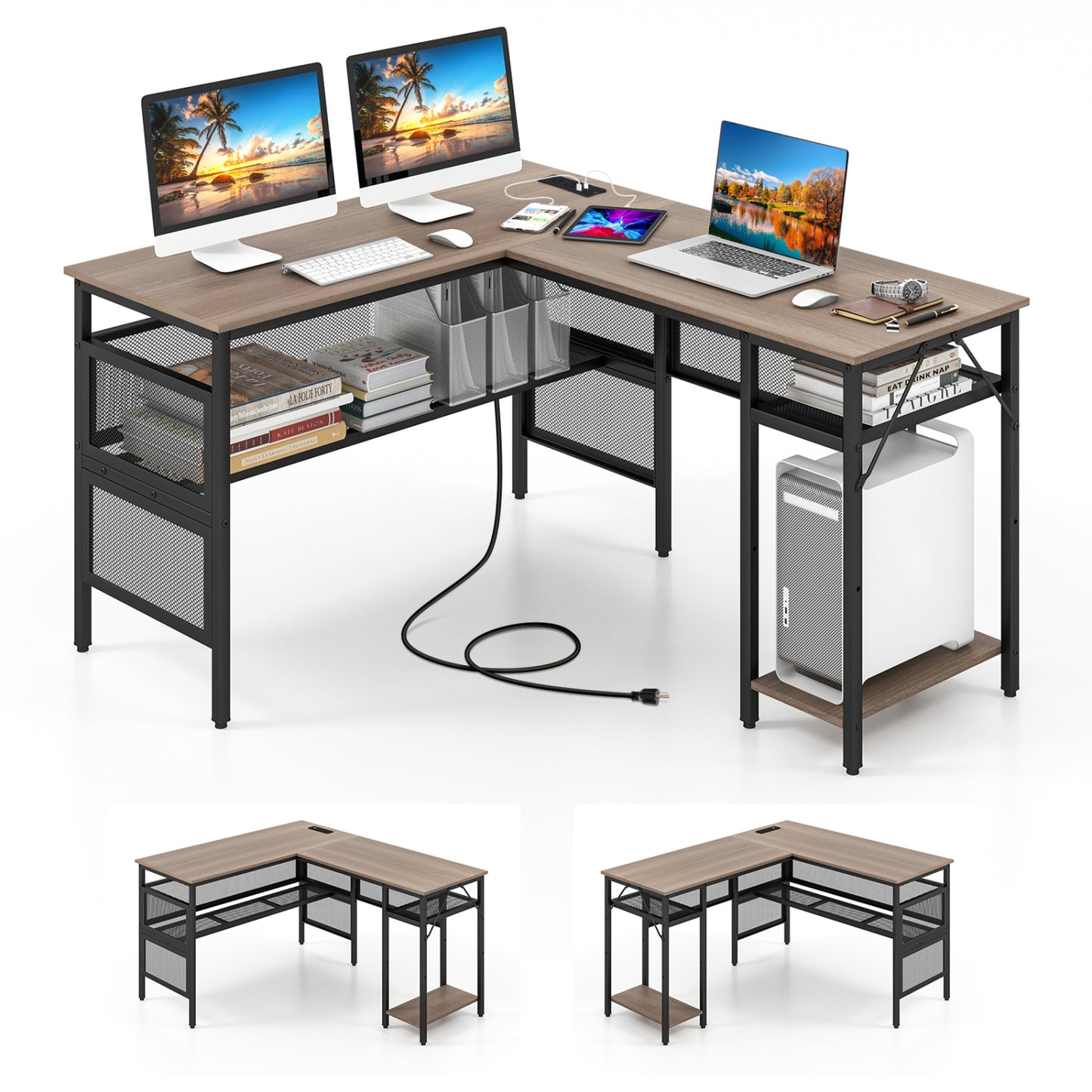 L-Shaped Computer Desk With Charging Station, Adjustable Shelf, Gray L-Shaped Desks at Gallery Canada