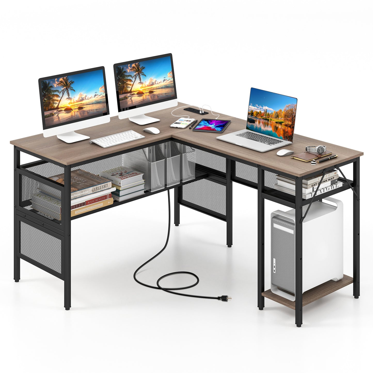 L-Shaped Computer Desk With Charging Station, Adjustable Shelf, Gray L-Shaped Desks at Gallery Canada