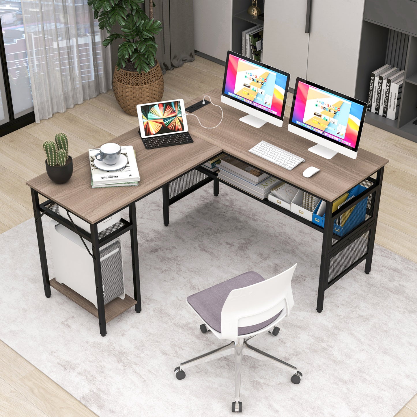 L-Shaped Computer Desk With Charging Station, Adjustable Shelf, Gray L-Shaped Desks at Gallery Canada