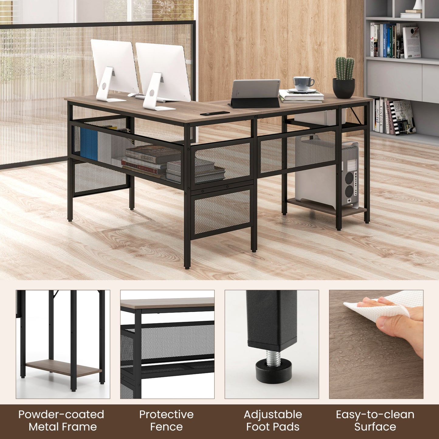 L-Shaped Computer Desk With Charging Station, Adjustable Shelf, Gray L-Shaped Desks at Gallery Canada